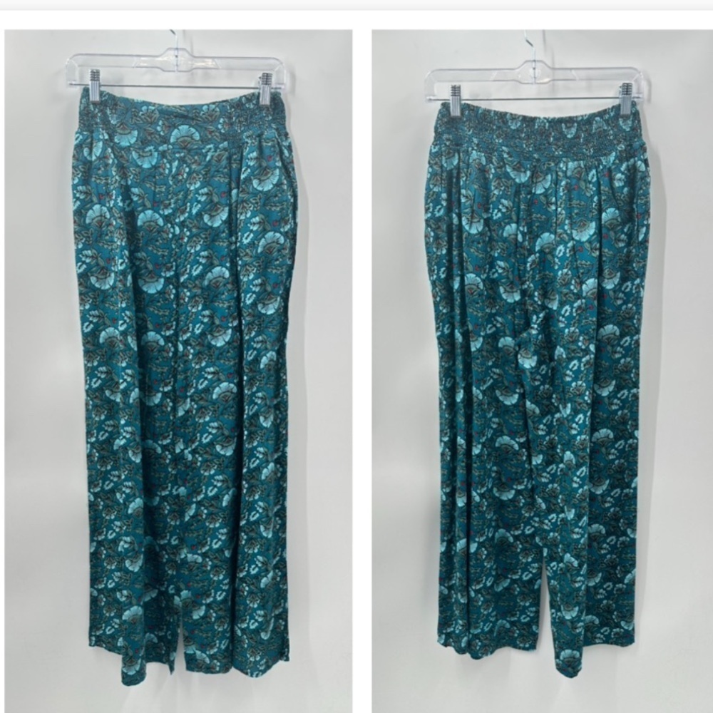 BAND OF THE FREE Elise teal floral woman wide leg lightweight boho pant NWT S